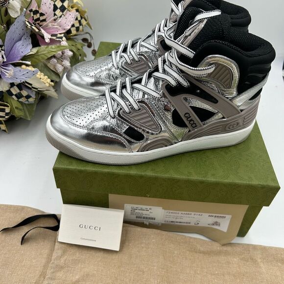 Men’s Gucci basket high top silver sneakers size 7.5 made in Italy - Picture 5 of 12
